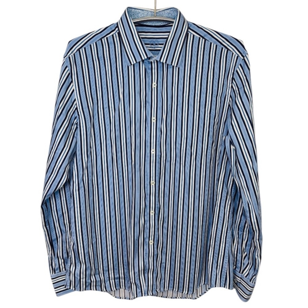 Bugatchi Men's Blue and White Striped Shaped Fit Button Down Shirt